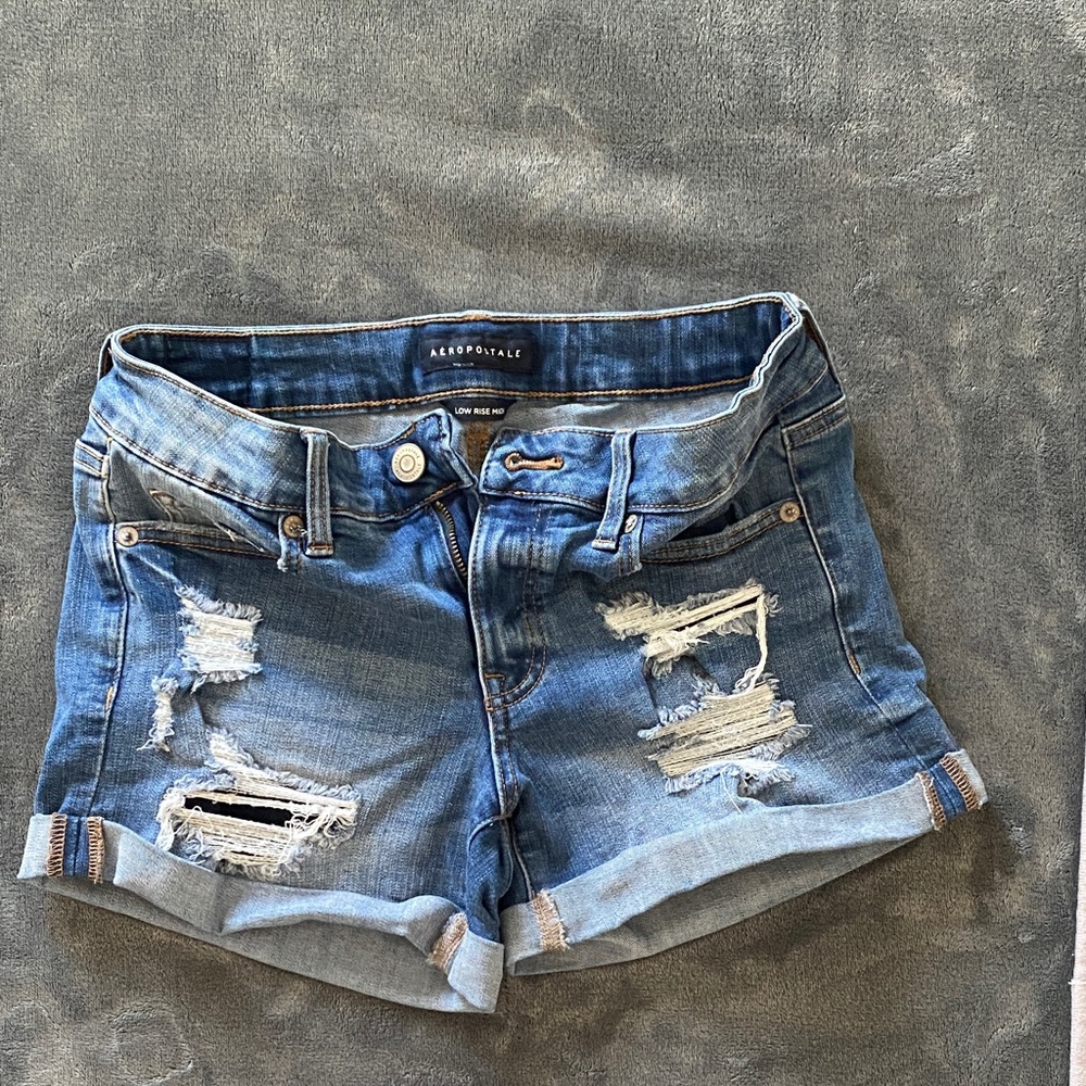 Aeropostale Women's Distressed Low Rise Midi Blue Jean Shorts (stretchy)